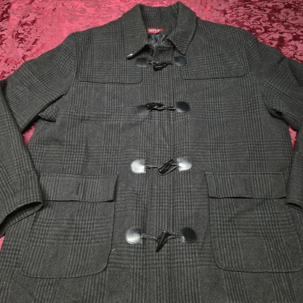Merona Mens XXL Gray Plaid Wool Blend Duffle Coat Toggle Zip Up Winter Jacket